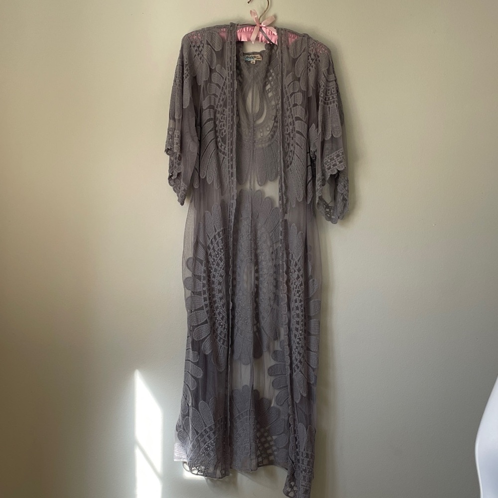 Elegant Gray sheer embroidered Kimono